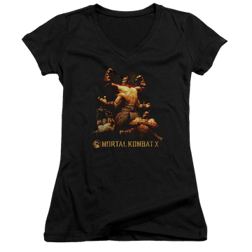 Black juniors v-neck t-shirt with Mortal Kombat Goro graphic