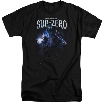 Black men's tall fit t-shirt with Mortal Kombat Sub-zero graphic