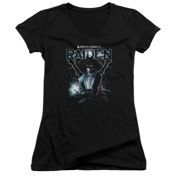 Black juniors v-neck t-shirt with Mortal Kombat Raiden graphic
