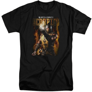 Black men's tall fit t-shirt with Mortal Kombat Scorpion graphic