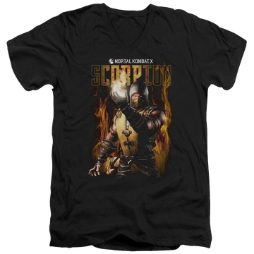 Black men's v-neck t-shirt with Mortal Kombat Scorpion graphic