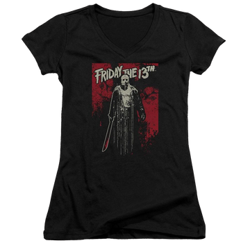 Black juniors v-neck t-shirt with Friday The 13th Drip graphic