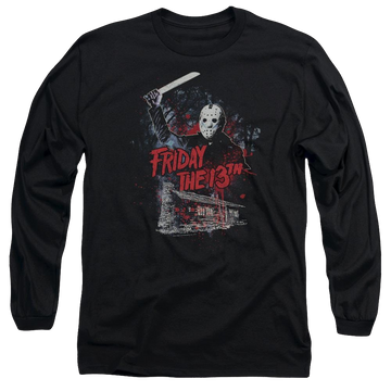 Black men's long sleeve t-shirt with Friday The 13th Cabin graphic