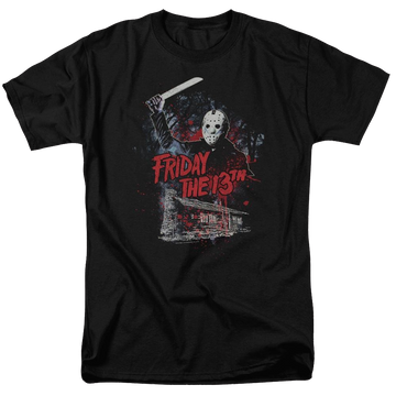 Black men's regular fit t-shirt with Friday The 13th Cabin graphic