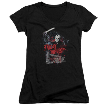 Black juniors v-neck t-shirt with Friday The 13th Cabin graphic