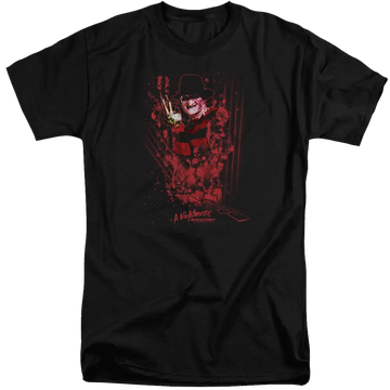 Black men's tall fit t-shirt with A Nightmare on Elm Street One Two Freddys Coming For You graphic