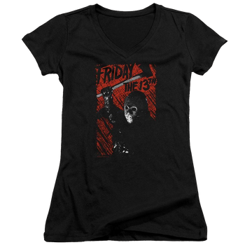 Black juniors v-neck t-shirt with Friday The 13th Jason Lives graphic