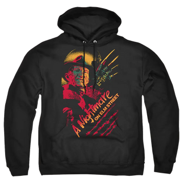 Black pullover hoodie with A Nightmare on Elm Street Freddy Claws graphic