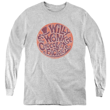 Athletic heather youth long sleeve t-shirt with Willy Wonka and the Chocolate Factory Circle Logo graphic