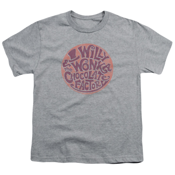 Athletic heather youth t-shirt for ages 8 to 12 with Willy Wonka and the Chocolate Factory Circle Logo graphic