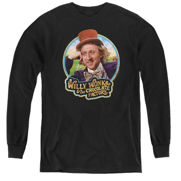 Black youth long sleeve t-shirt with Willy Wonka and the Chocolate Factory Its Scrumdiddlyumptious graphic