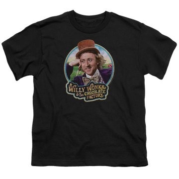Black youth t-shirt for ages 8 to 12 with Willy Wonka and the Chocolate Factory Its Scrumdiddlyumptious graphic