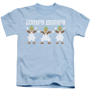 Light blue kid's t-shirt for ages 4 to 7 with Willy Wonka and the Chocolate Factory Oompa Loompa graphic