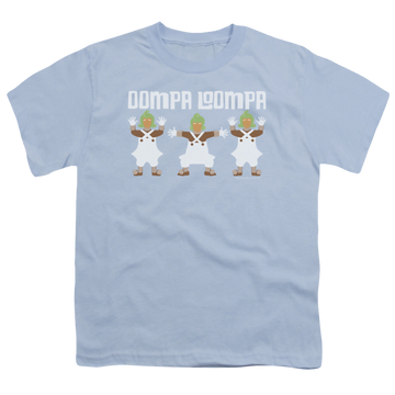 Light blue youth t-shirt for ages 8 to 12 with Willy Wonka and the Chocolate Factory Oompa Loompa graphic