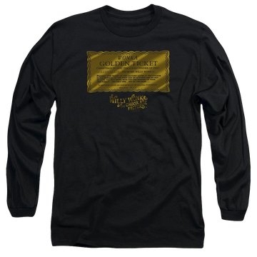 Black men's long sleeve t-shirt with Willy Wonka and the Chocolate Factory Golden Ticket graphic