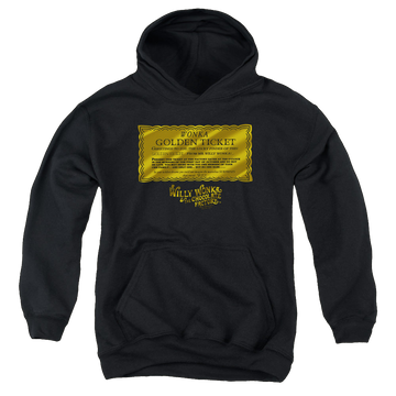 Black youth hoodie for ages 8 to 12 with Willy Wonka and the Chocolate Factory Golden Ticket graphic