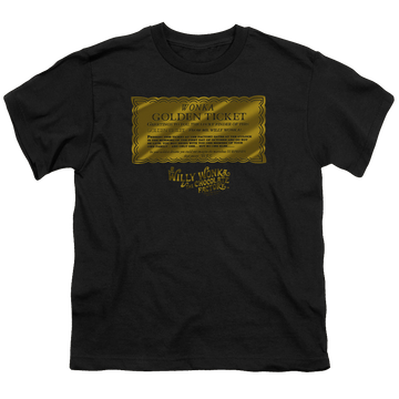 Black youth t-shirt for ages 8 to 12 with Willy Wonka and the Chocolate Factory Golden Ticket graphic