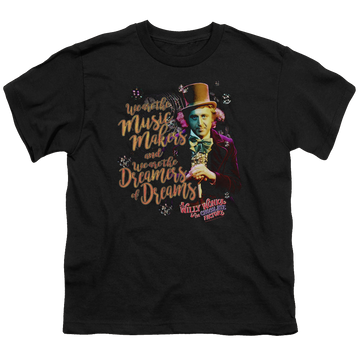 Black youth t-shirt for ages 8 to 12 with Willy Wonka and the Chocolate Factory Music Makers graphic