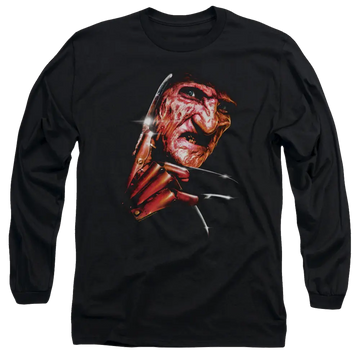 Black men's long sleeve t-shirt with A Nightmare on Elm Street Freddys Face graphic