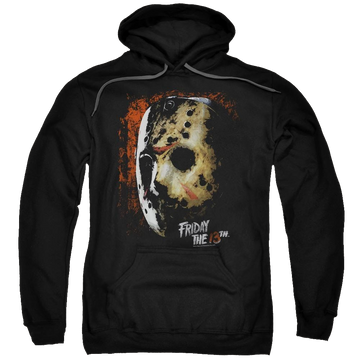 Black pullover hoodie with Friday The 13th Mask Of Death graphic