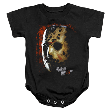 Black baby bodysuit with Friday The 13th Mask Of Death graphic
