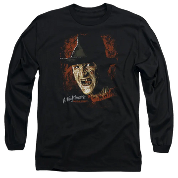 Black men's long sleeve t-shirt with A Nightmare on Elm Street Worst Nightmare graphic