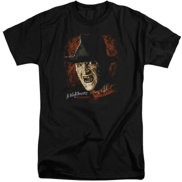 Black men's tall fit t-shirt with A Nightmare on Elm Street Worst Nightmare graphic