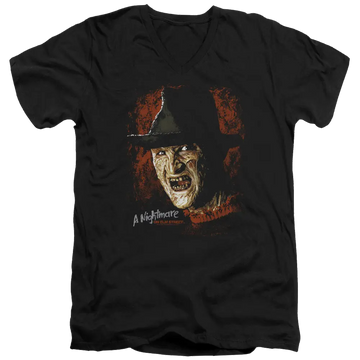 Black men's v-neck t-shirt with A Nightmare on Elm Street Worst Nightmare graphic