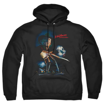 Black pullover hoodie with A Nightmare on Elm Street Elm Street Poster graphic