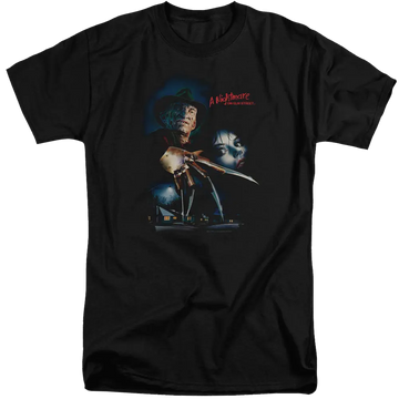 Black men's tall fit t-shirt with A Nightmare on Elm Street Elm Street Poster graphic