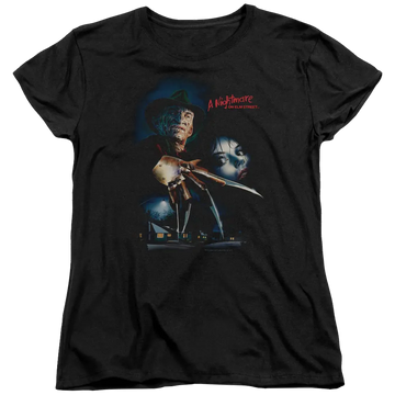 Black women's t-shirt with A Nightmare on Elm Street Elm Street Poster graphic