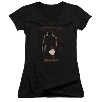 Black juniors v-neck t-shirt with Friday The 13th Part 3 Poster graphic