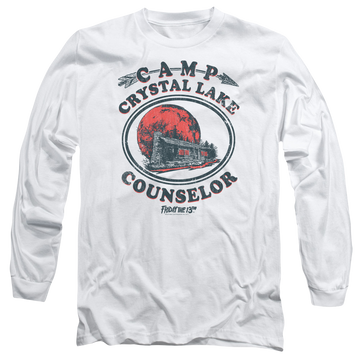 White men's long sleeve t-shirt with Friday The 13th Camp Counselor graphic
