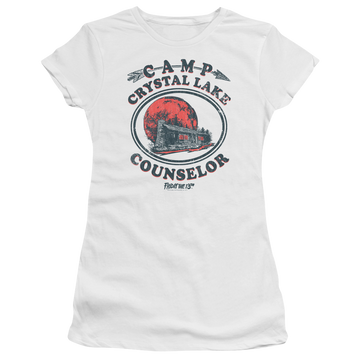 White juniors t-shirt with Friday The 13th Camp Counselor graphic