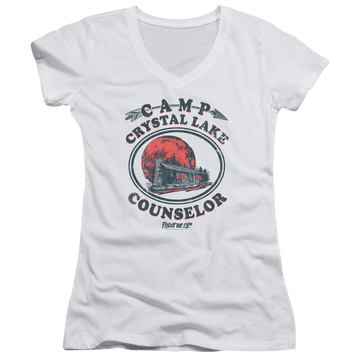 White juniors v-neck t-shirt with Friday The 13th Camp Counselor graphic