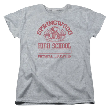 Athletic heather women's t-shirt with A Nightmare on Elm Street Springwood High graphic