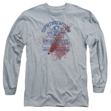 Athletic heather men's long sleeve t-shirt with A Nightmare on Elm Street Springwood High Victim graphic