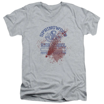 Athletic heather men's v-neck t-shirt with A Nightmare on Elm Street Springwood High Victim graphic