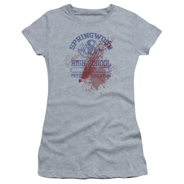 Athletic heather juniors t-shirt with A Nightmare on Elm Street Springwood High Victim graphic