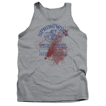 Athletic heather men's tank with A Nightmare on Elm Street Springwood High Victim graphic
