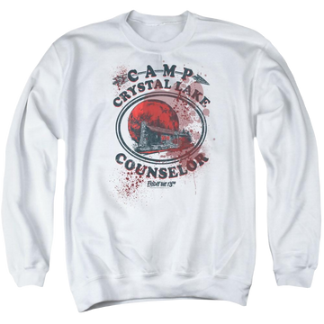 White men's crewneck sweatshirt with Friday The 13th Camp Counselor Victim graphic