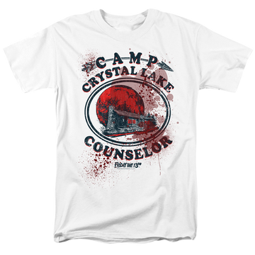 White men's regular fit t-shirt with Friday The 13th Camp Counselor Victim graphic