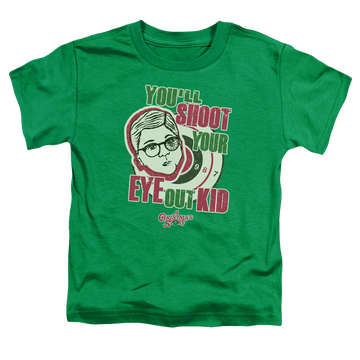Kelly green kid's t-shirt for ages 4 to 7 with A Christmas Story Christmas Youll Shoot Your Eye Out graphic