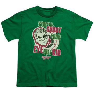 Kelly green youth t-shirt for ages 8 to 12 with A Christmas Story Christmas Youll Shoot Your Eye Out graphic