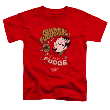 Red kid's t-shirt for ages 4 to 7 with A Christmas Story Christmas Fudge graphic