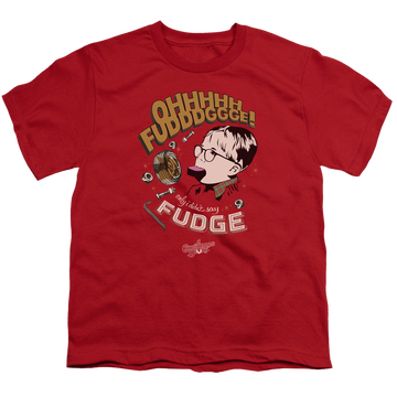 Red youth t-shirt for ages 8 to 12 with A Christmas Story Christmas Fudge graphic
