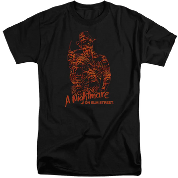 Black men's tall fit t-shirt with A Nightmare on Elm Street Chest Of Souls graphic