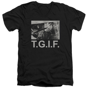 Black men's v-neck t-shirt with Friday The 13th Tgif graphic
