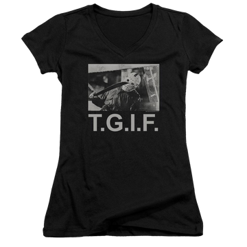 Black juniors v-neck t-shirt with Friday The 13th Tgif graphic
