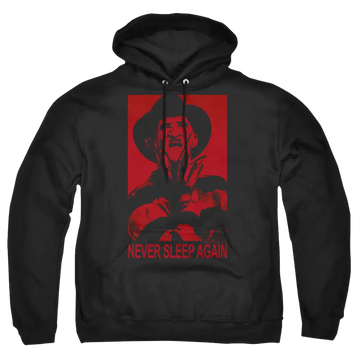 Black pullover hoodie with A Nightmare on Elm Street Never Sleep Again graphic